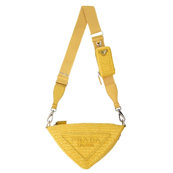 Prada Triangle Crossbody Yellow Logo Crochet 1BH190 New - Picture 6 of 8
